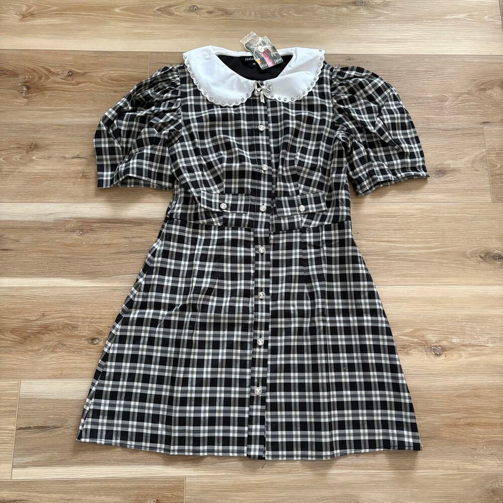 SISTER JANE Quill Check Black Plaid Puff Sleeve Rhinestone Mini Dress M+/8